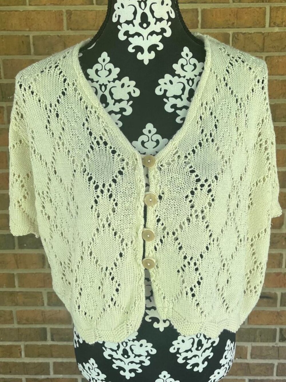 VTG 90's Grandma Cottagecore Cream Crochet Button Front Cardigan Cozy Women's 16